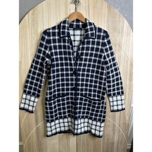 Ann Taylor Navy White Plaid Longline Cardigan Sweater Jacket XS‎